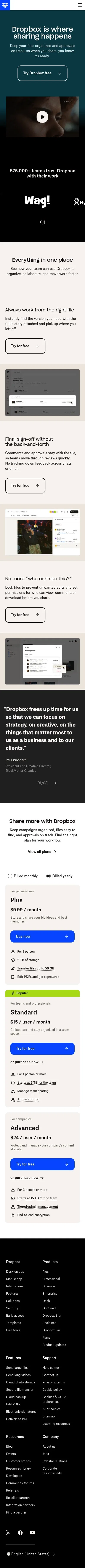 dropbox.com/campaigns/share-more/teams on mobile, full screenshot
