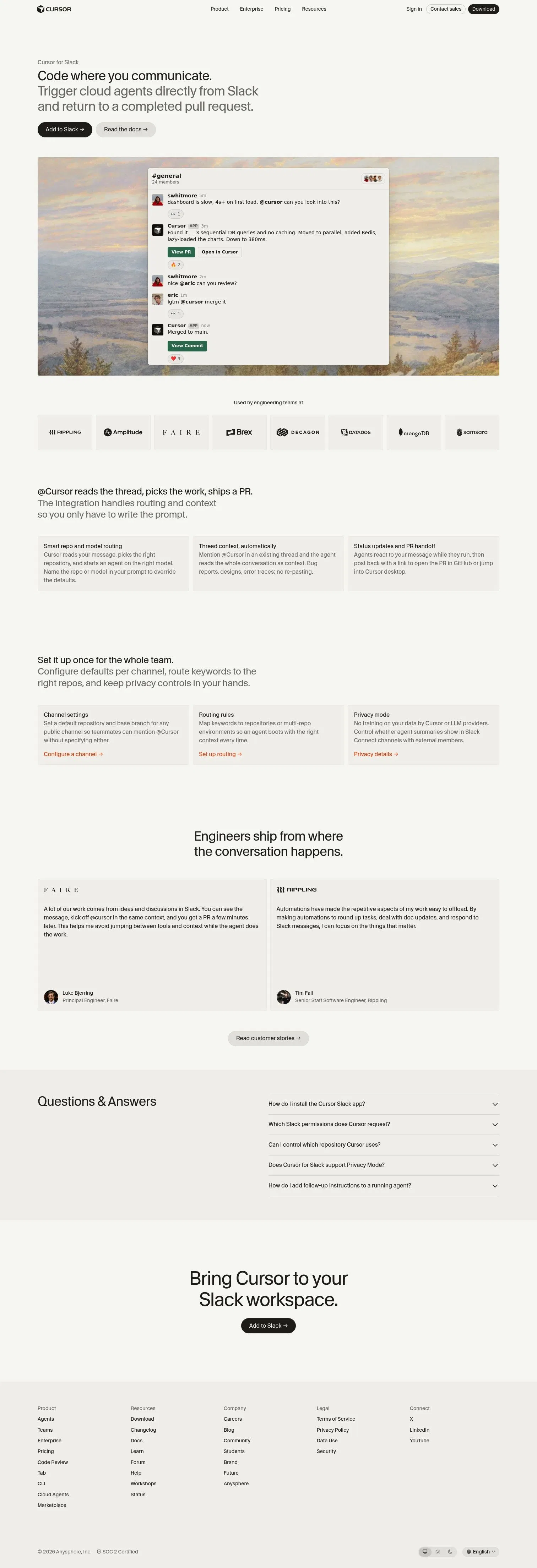 cursor.com/product/slack on desktop, full screenshot