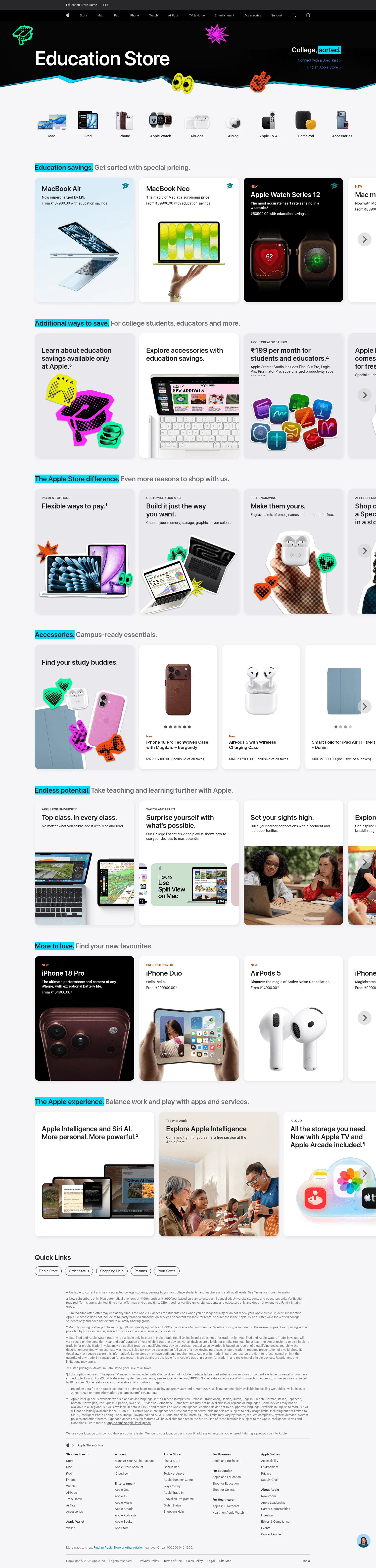 apple.com/in-edu/store on desktop, full screenshot