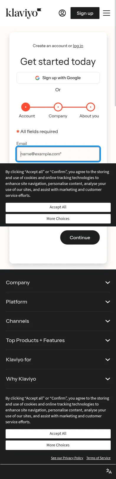 klaviyo.com/sign-up on mobile