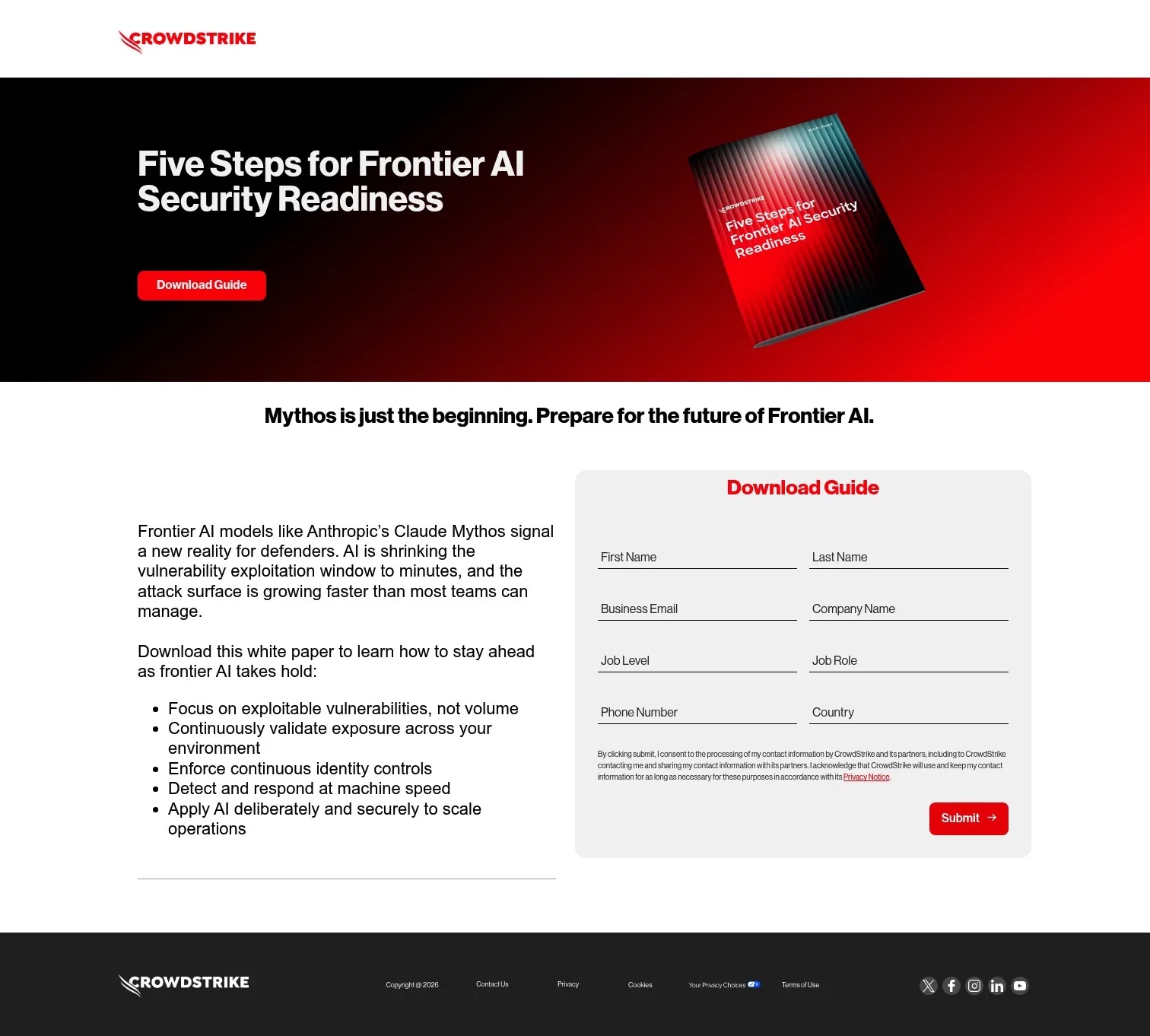 go.crowdstrike.com/wp-five-steps-for-frontier-ai-readiness.html on desktop, full screenshot