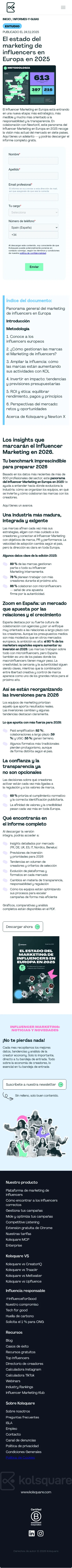 kolsquare.com/es/informes-y-guias/el-estado-del-marketing-de-influencers-en-europa-en-2025 on mobile, full screenshot