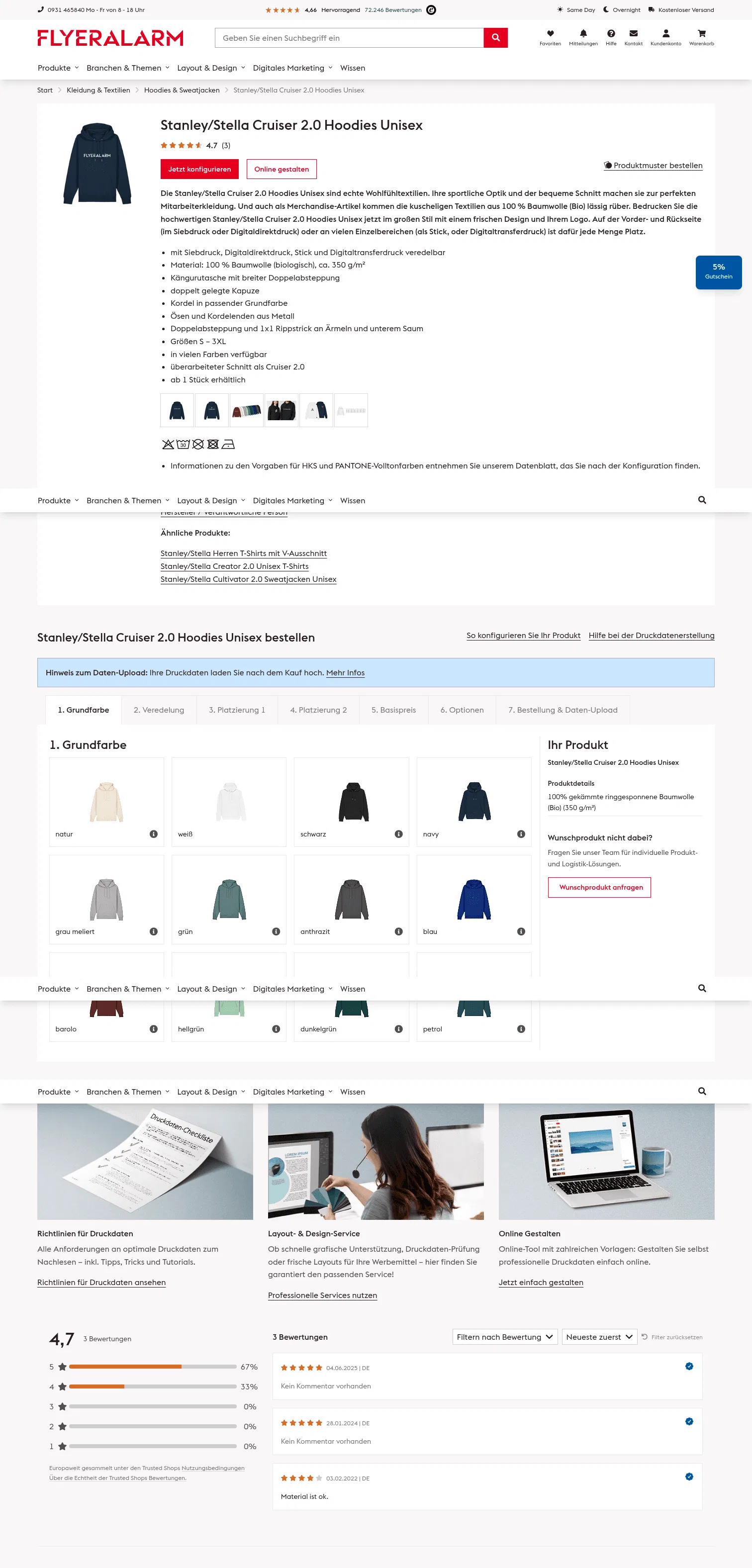 flyeralarm.com/de/p/stanleystella-cruiser-20-hoodies-unisex-10472720.html on desktop, full screenshot