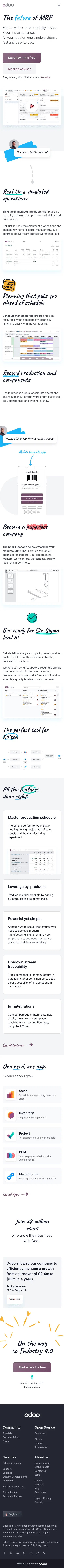 odoo.com/app/manufacturing on mobile, full screenshot