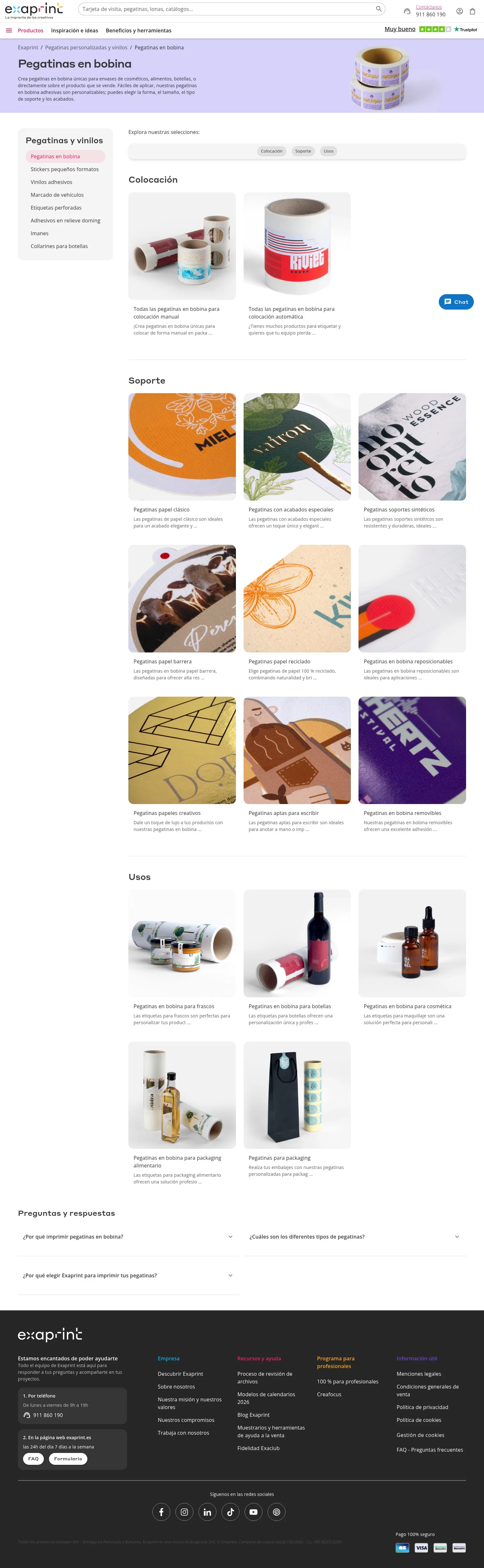 exaprint.es/pegatinas/pegatinas-en-bobina on desktop, full screenshot