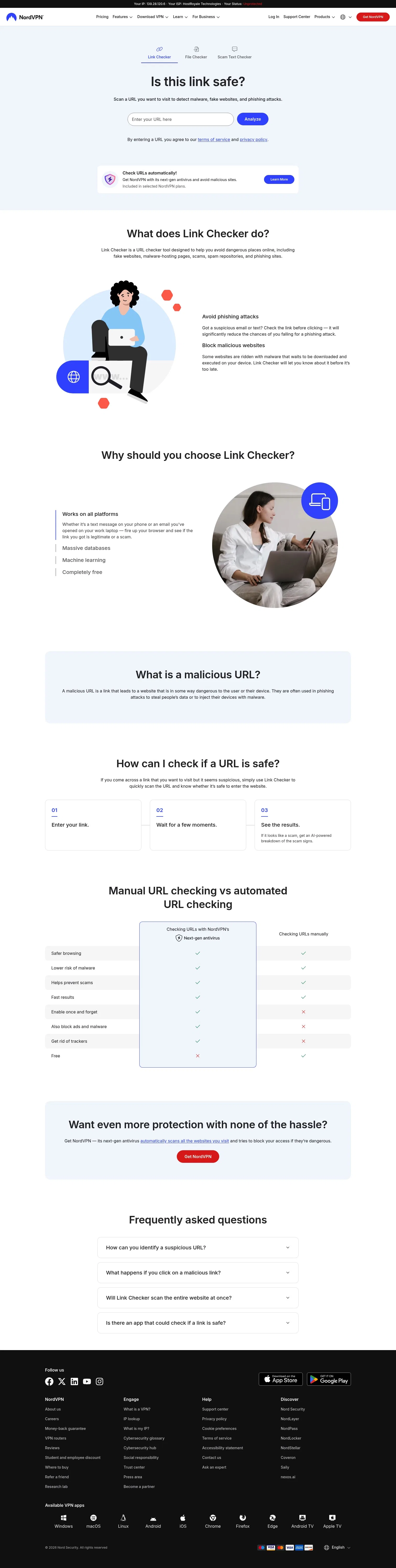 nordvpn.com/link-checker on desktop, full screenshot