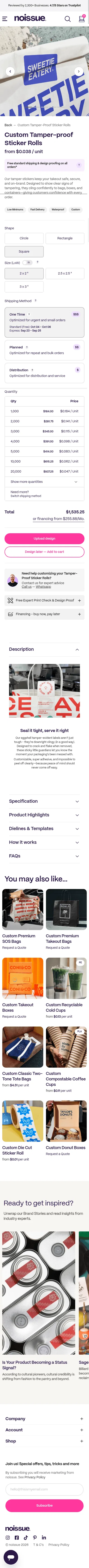 noissue.co/shop/stickers/sticker-rolls/custom-tamper-proof-sticker-rolls on mobile, full screenshot