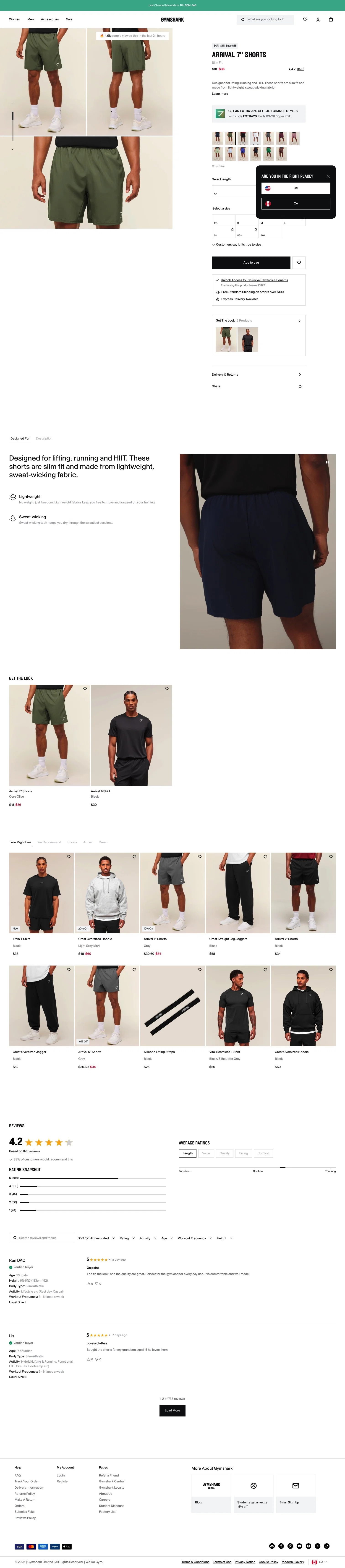 ca.checkout.gymshark.com/products/gymshark-arrival-7-shorts-core-olive-ss22 on desktop