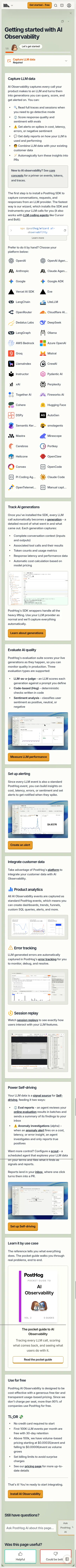 posthog.com/docs/ai-observability/start-here on mobile, full screenshot