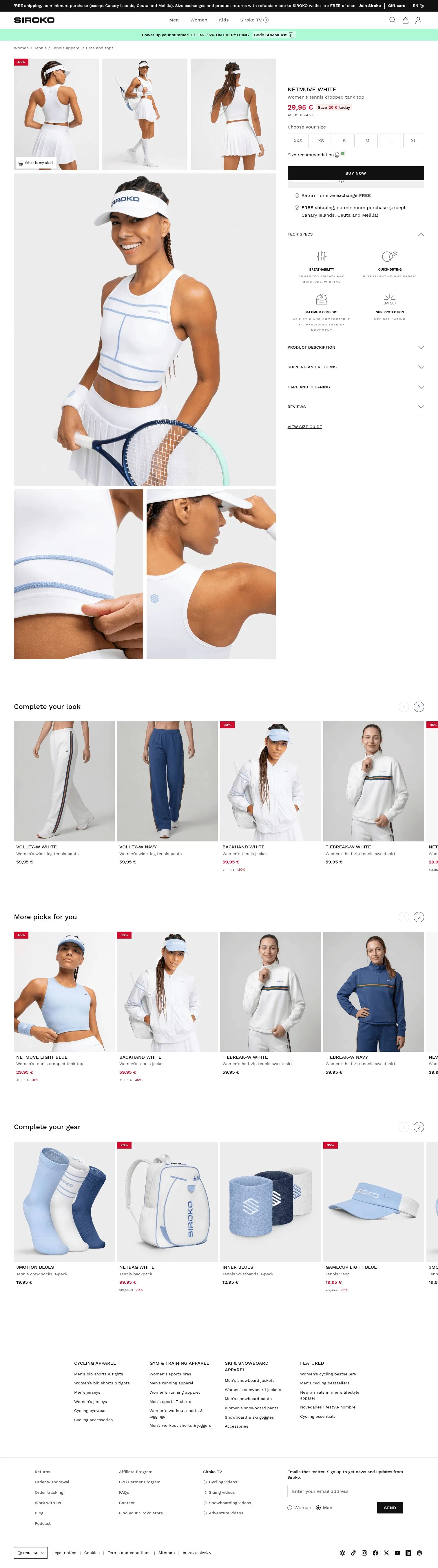 siroko.com/p/netmuve-white-tennis-cropped-tank-top-women on desktop, full screenshot