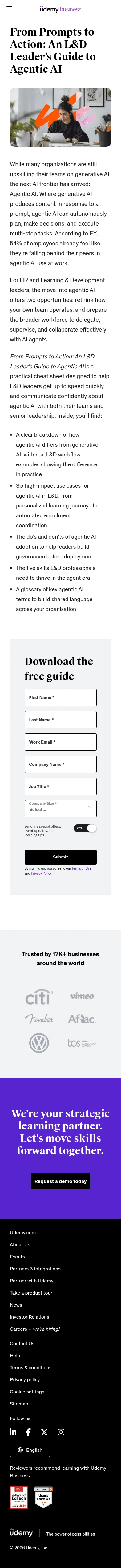 business.udemy.com/resources/agentic-ai-learning-leader-cheat-sheet on mobile, full screenshot