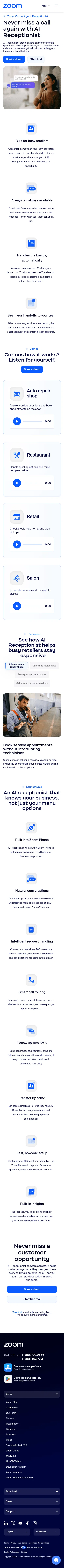 zoom.com/en/small-business/retail/receptionist on mobile, full screenshot