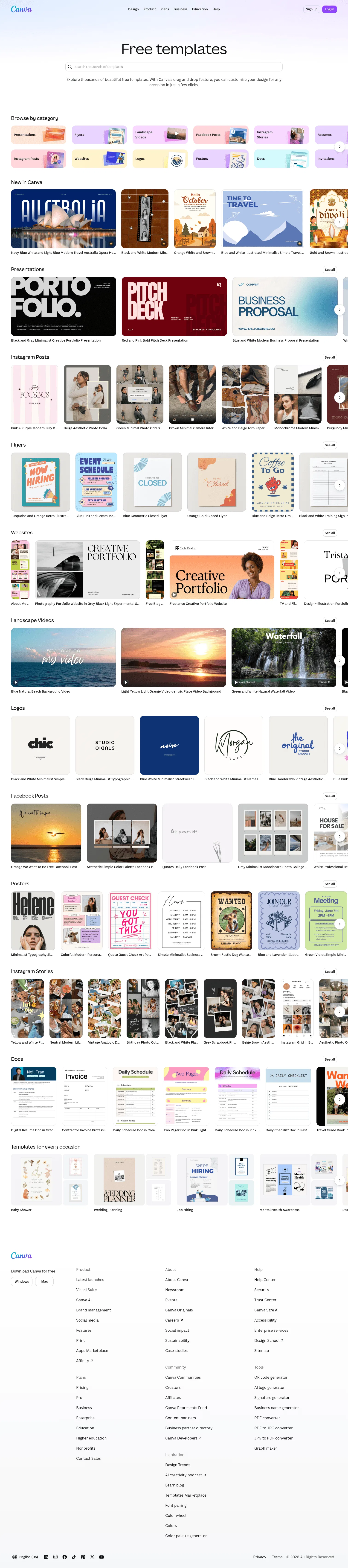 canva.com/templates on desktop, full screenshot