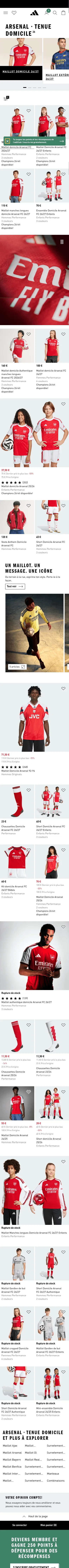 adidas.fr/arsenal-tenue_domicile on mobile, full screenshot