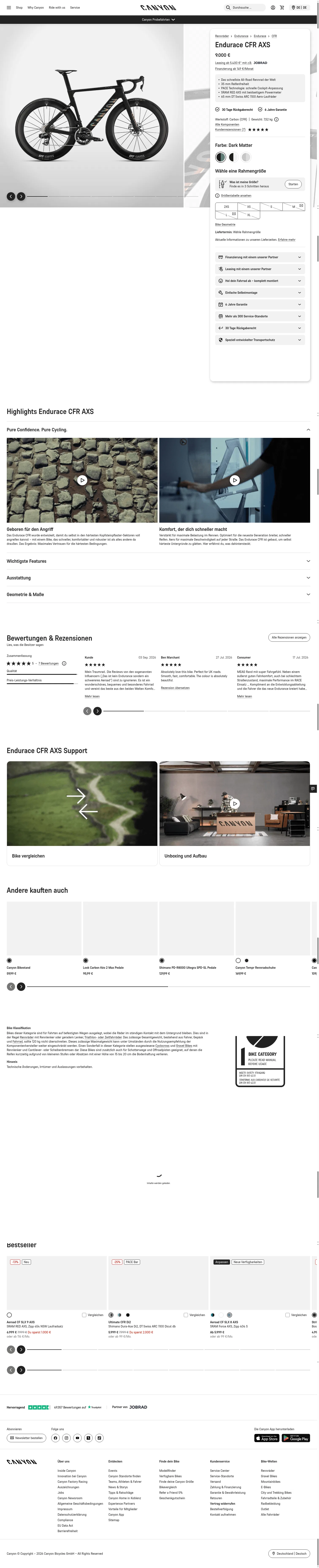 canyon.com/de-de/rennrad/endurance-rennrad/endurace/cfr/endurace-cfr-axs/4435.html on desktop, full screenshot