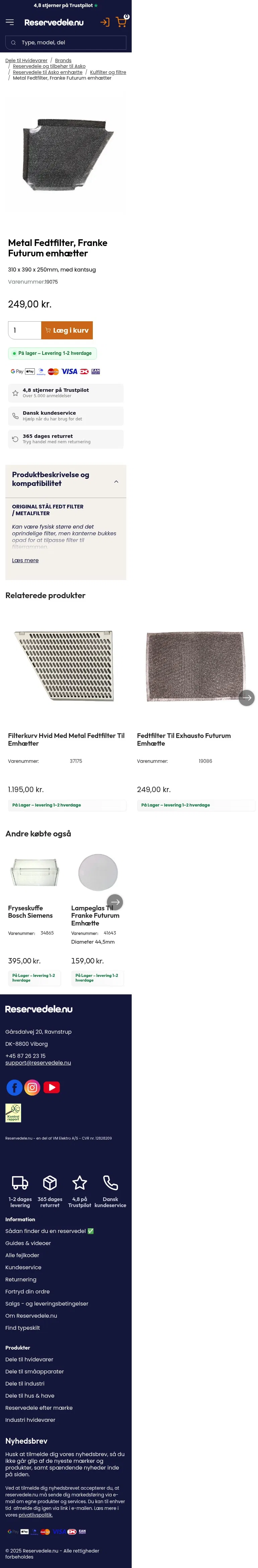 reservedele.nu/produkter/dele-til-hvidevarer/brands/reservedele-og-tilbehoer-til-asko/reservedele-til-asko-emhaette/kulfilter-og-filtre/metal-fedtfilter-franke-futurum-emhaetter~19075 on mobile, full screenshot