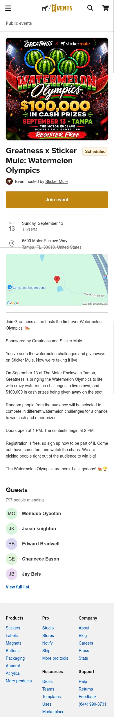 stickermule.com/events/76354072-dd21-4353-822b-cb99be79b54c on mobile, full screenshot