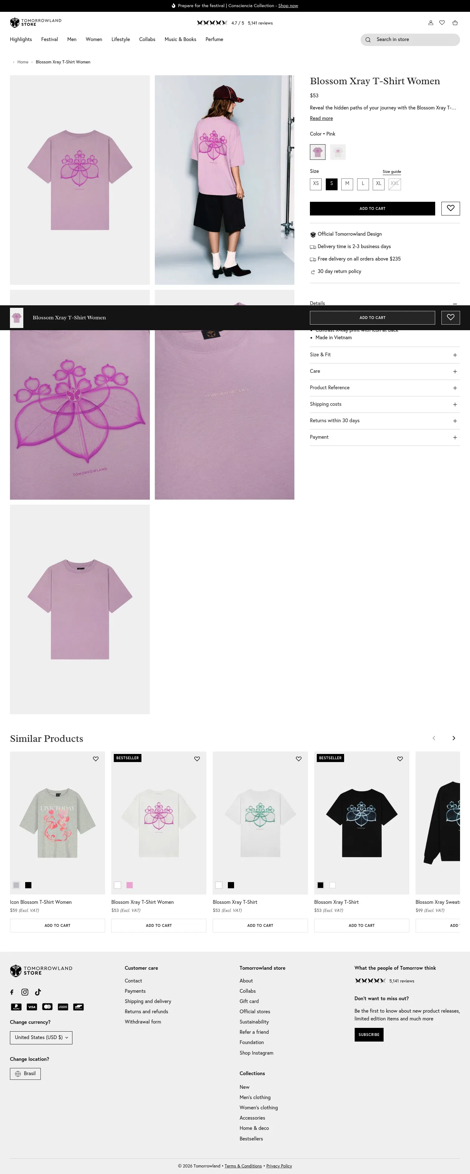 store.tomorrowland.com/products/blossom-xray-t-shirt-women-pink on desktop, full screenshot