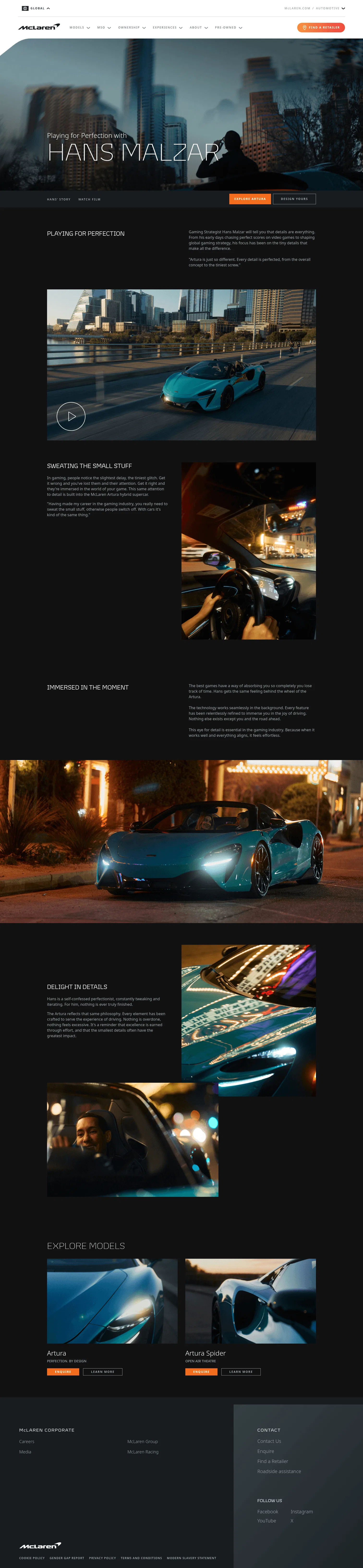mclaren.com/cars/gl_en/playing-for-perfection-with-hans-malzar on desktop, full screenshot