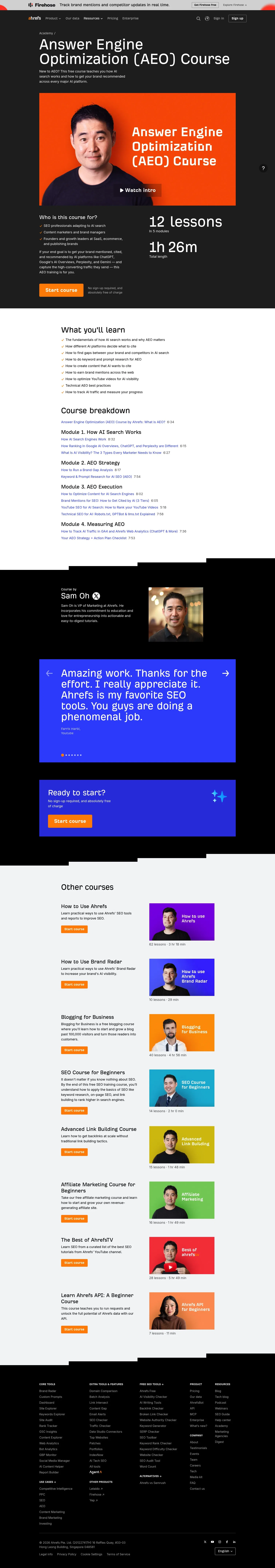 ahrefs.com/academy/aeo-course on desktop, full screenshot