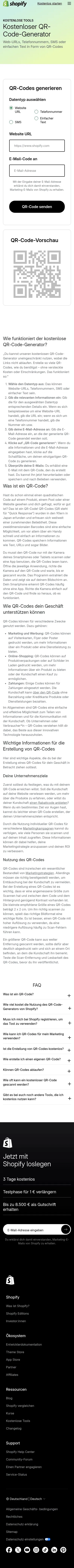 shopify.com/de/tools/qr-code-generator on mobile, full screenshot