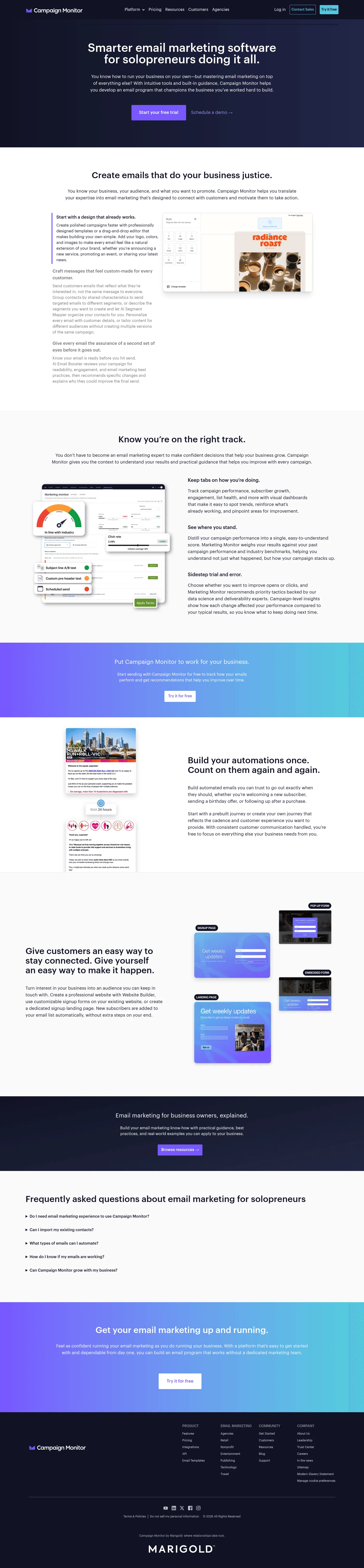campaignmonitor.com/who-we-serve/solopreneurs on desktop