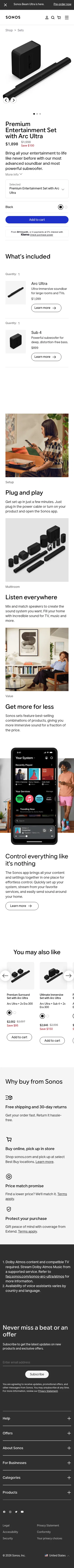sonos.com/en-us/shop/entertainment-set-arc-ultra-sub-black on mobile, full screenshot