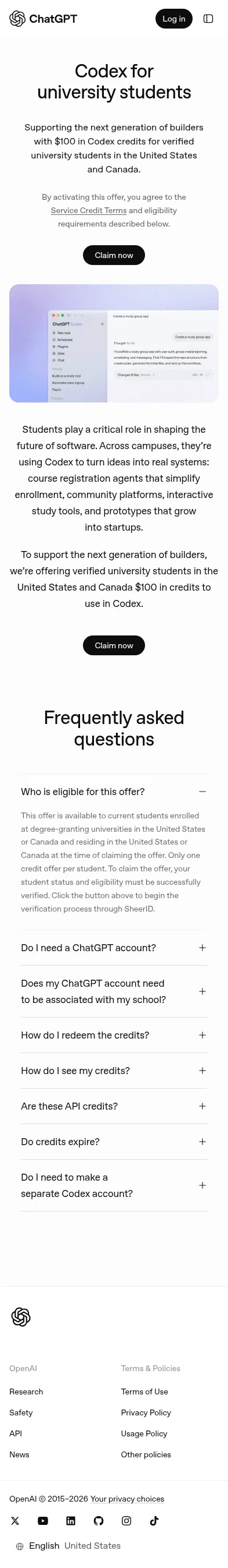 chatgpt.com/codex/students on mobile, full screenshot