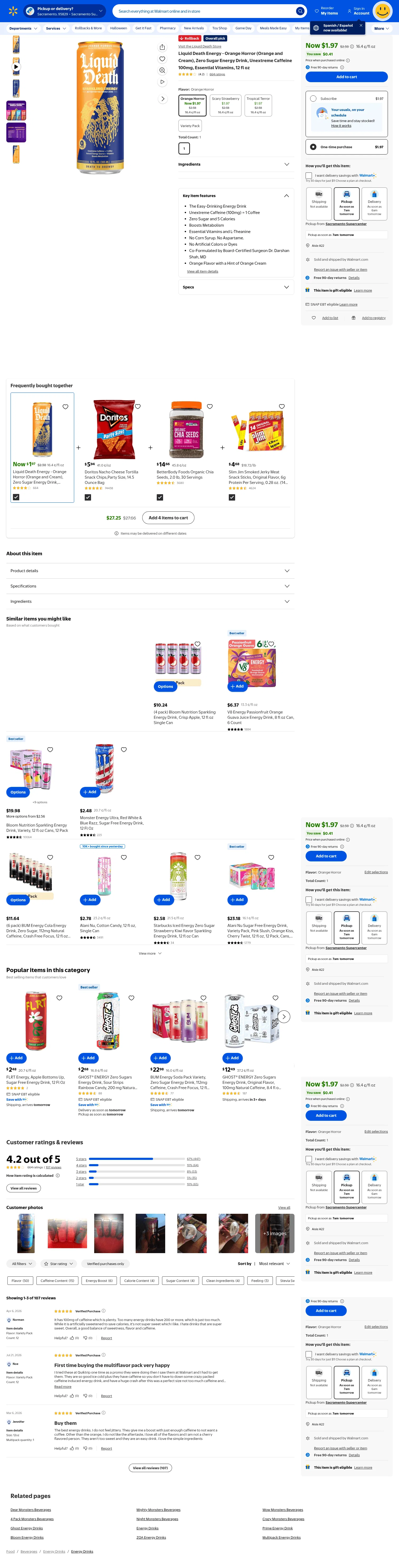 walmart.com/ip/Liquid-Death-Sparkling-Energy-Orange-Horror-12oz-SINGLES/5988980063 on desktop, full screenshot