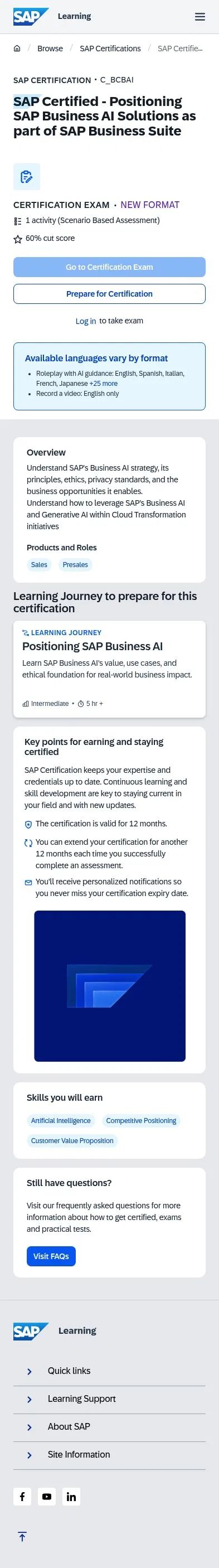 learning.sap.com/certifications/sap-certified-associate-positioning-sap-business-ai-solutions-as-part-of-the-sap-business-suite on mobile, full screenshot