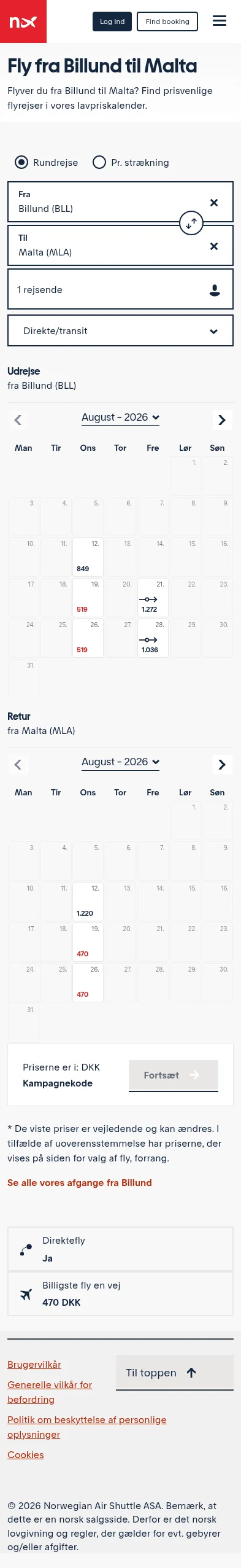 norwegian.com/dk/lavpriskalender/Billund-Malta on mobile