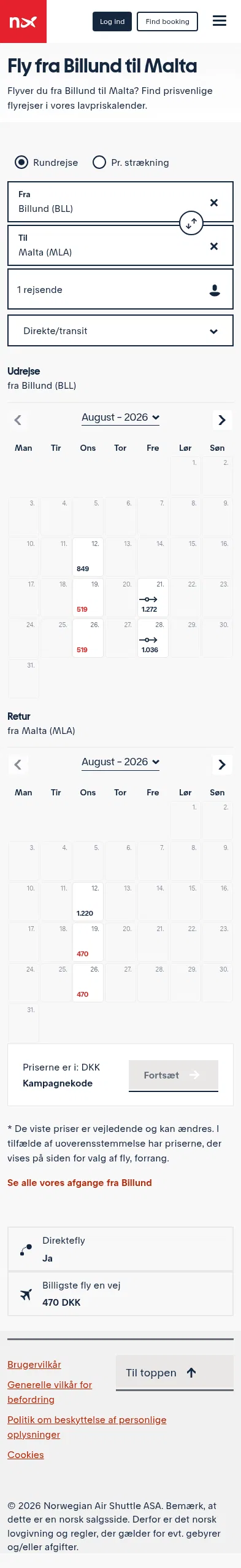 norwegian.com/dk/lavpriskalender/Billund-Malta on mobile, full screenshot