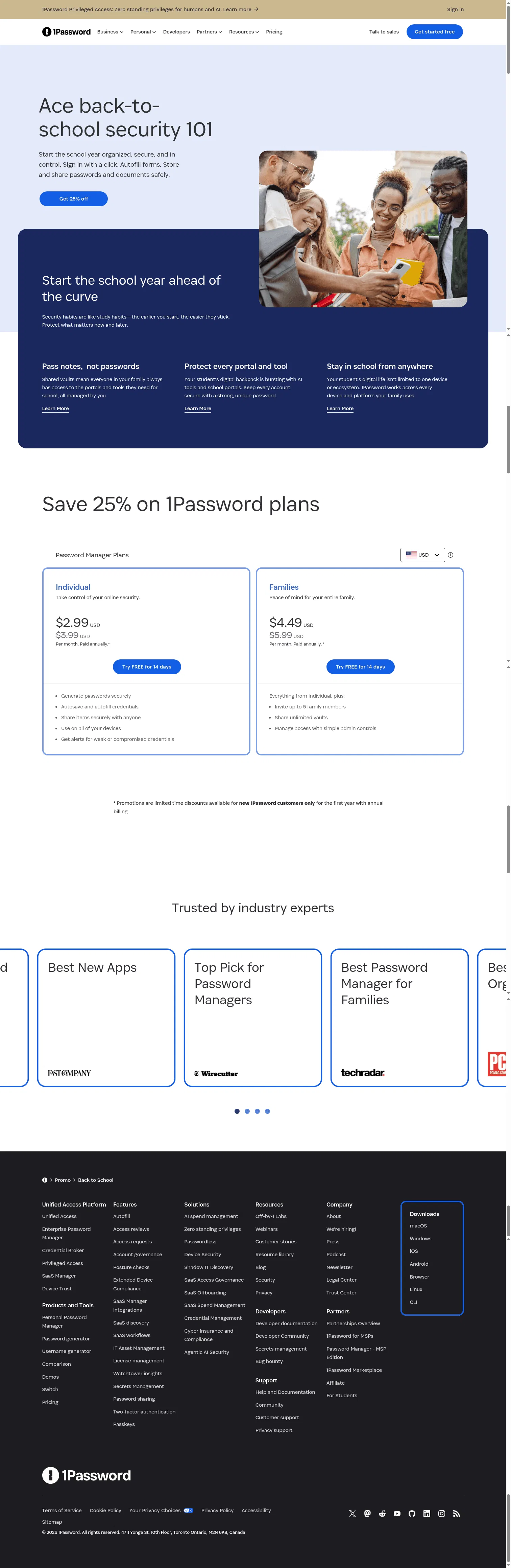 1password.com/promo/password-manager-for-students on desktop, full screenshot