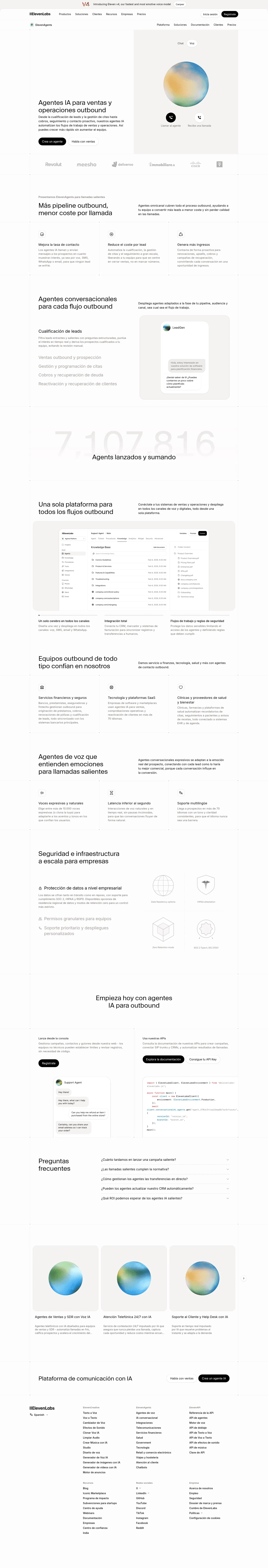 elevenlabs.io/es/outbound-agents on desktop, full screenshot