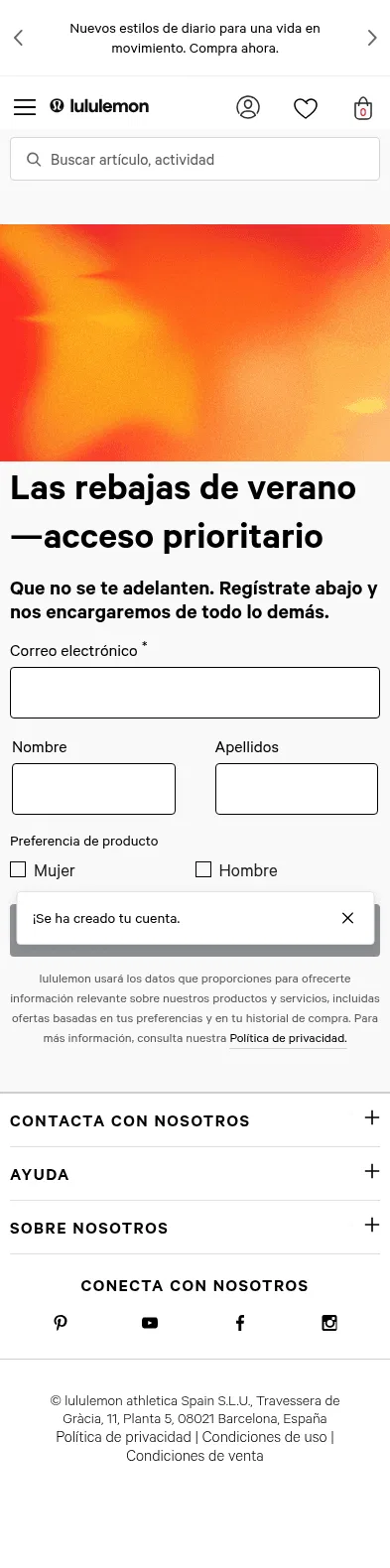 lululemon.es/es-es/email/sale-sign-up.html on mobile, full screenshot