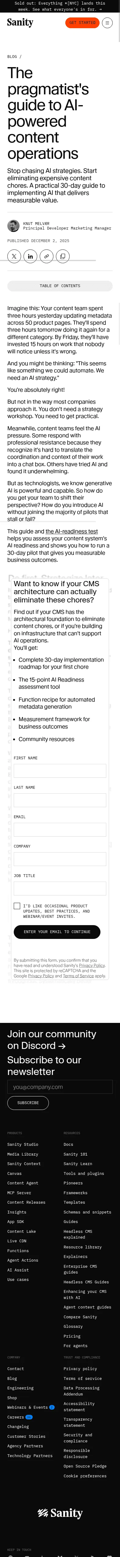 sanity.io/blog/the-pragmatists-guide-to-ai-powered-content-operations on mobile, full screenshot