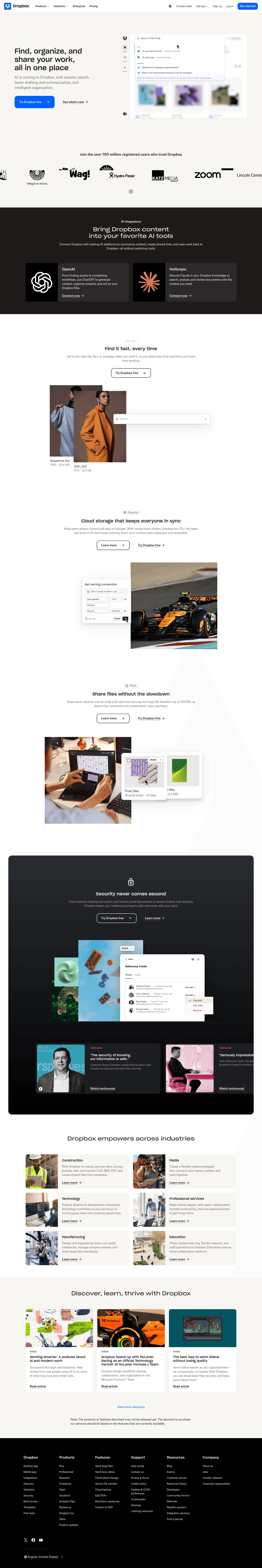 Dropbox landing page