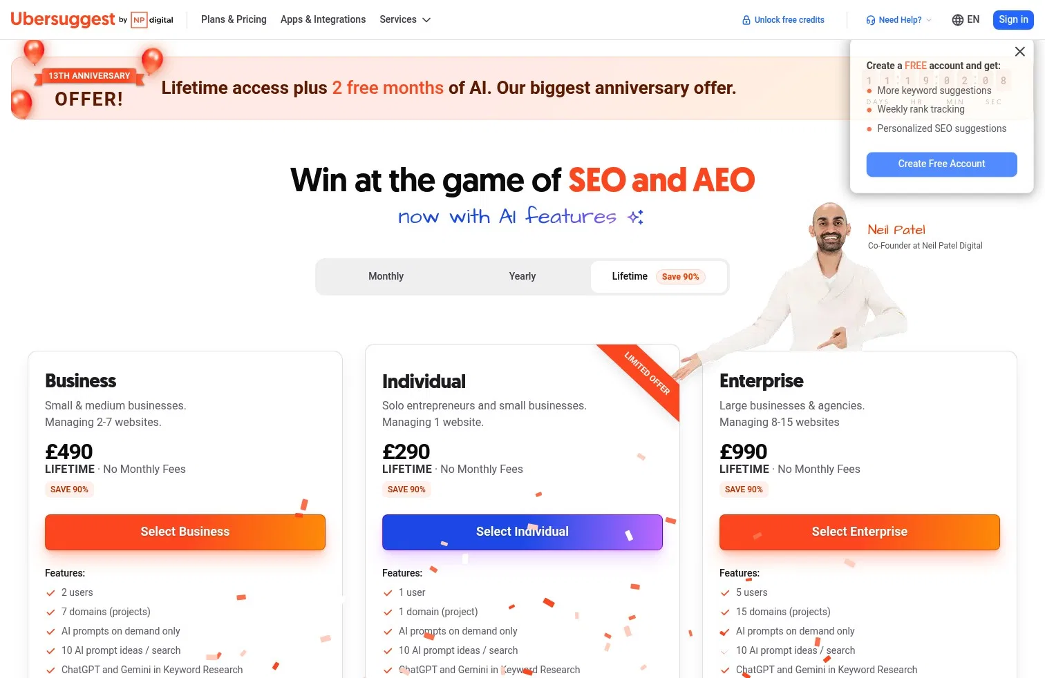 app.neilpatel.com/en/pricing on desktop, full screenshot