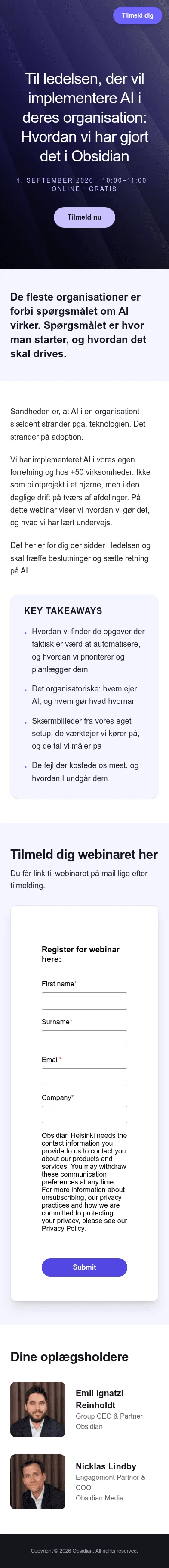 events.obsidianagency.com/ai-implementering on mobile, full screenshot