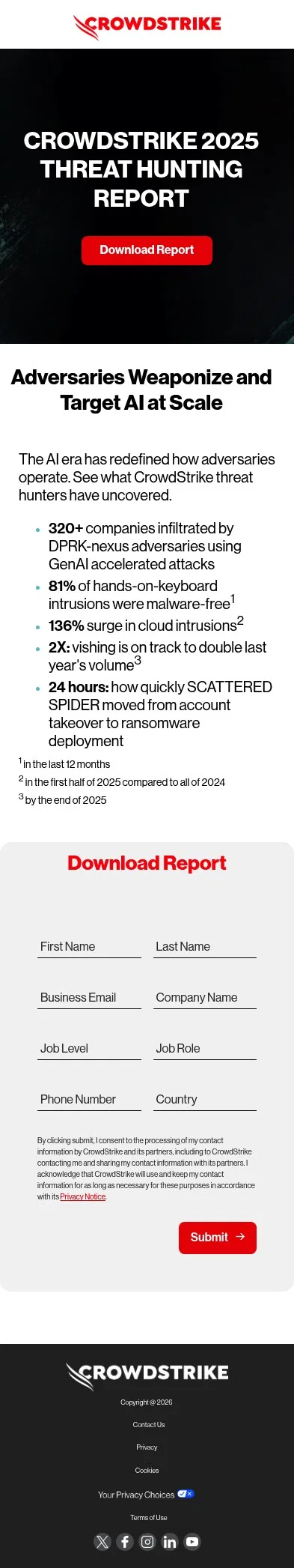 go.crowdstrike.com/2025-threat-hunting-report.html on mobile, full screenshot