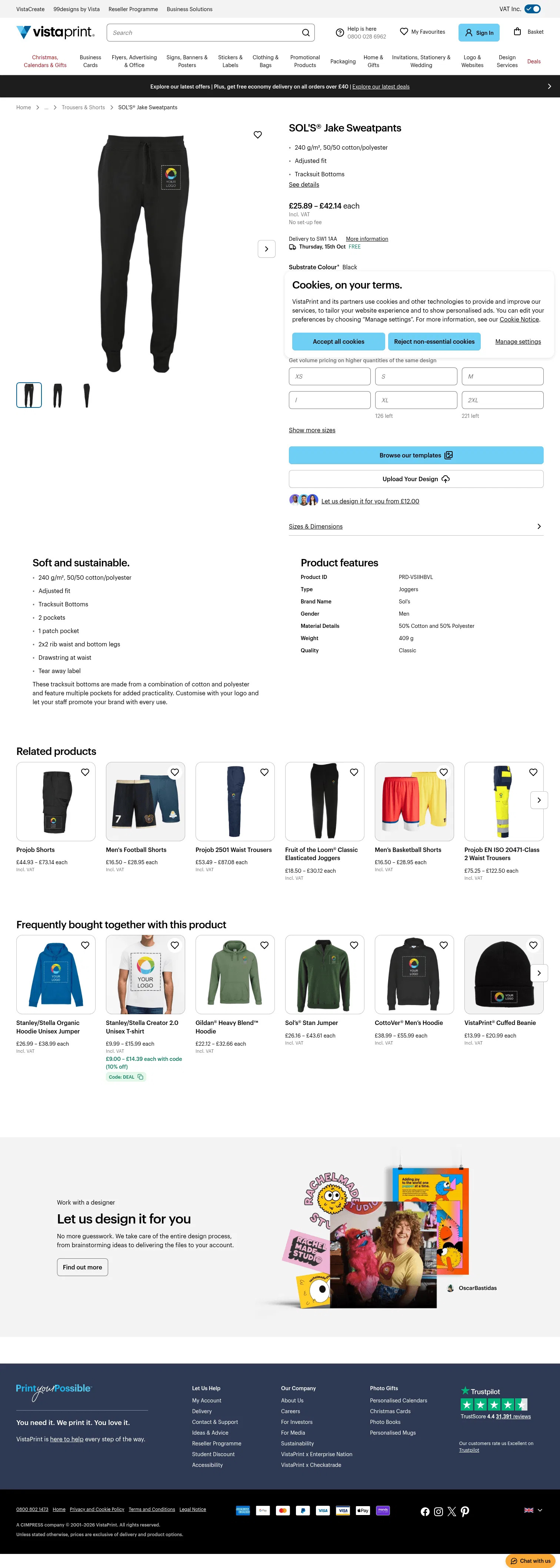 vistaprint.co.uk/clothing-bags/trousers-shorts/sol-s-r-jake-sweatpants on desktop, full screenshot