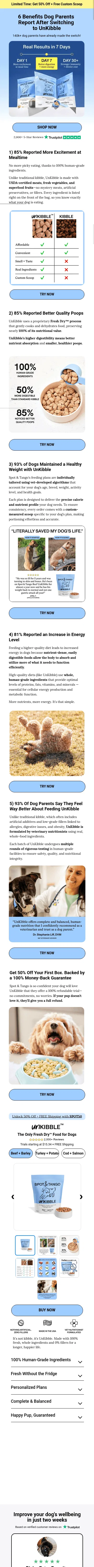try.spotandtango.com/6-benefits-unkibble on mobile, full screenshot