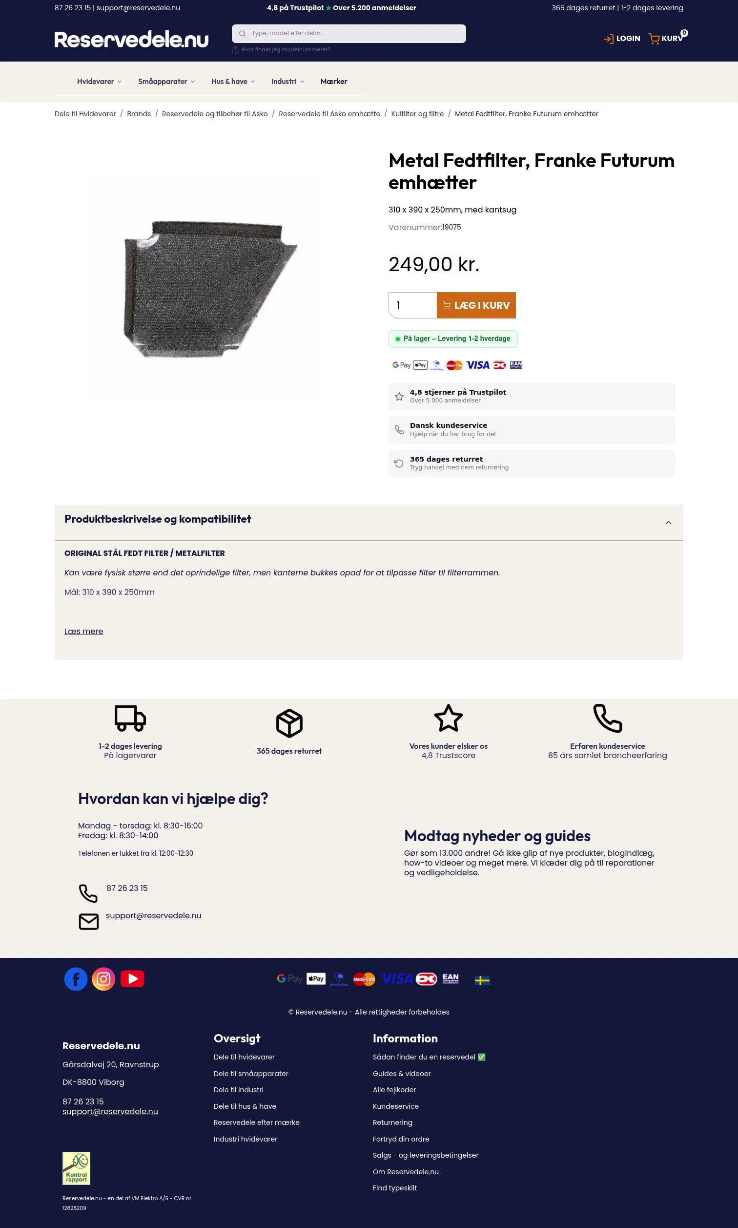 reservedele.nu/produkter/dele-til-hvidevarer/brands/reservedele-og-tilbehoer-til-asko/reservedele-til-asko-emhaette/kulfilter-og-filtre/metal-fedtfilter-franke-futurum-emhaetter~19075 on desktop, full screenshot