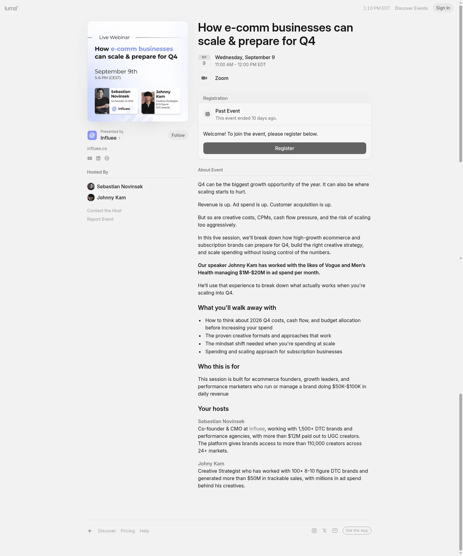 Influee landing page