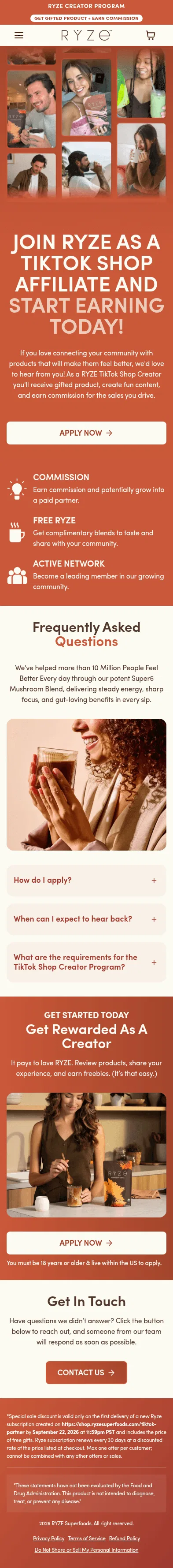 shop.ryzesuperfoods.com/tiktok-partner on mobile, full screenshot