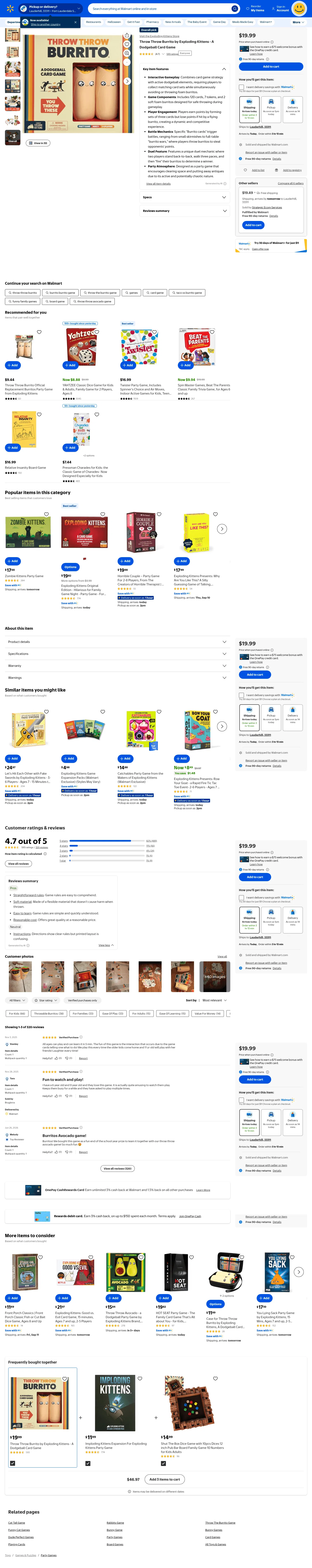 walmart.com/ip/Throw-Throw-Burrito-by-Exploding-Kittens-A-Dodgeball-Card-Game-Family-Friendly-Party-Games-for-Adults-Teens-Kids-2-6-Players/329639633 on desktop, full screenshot