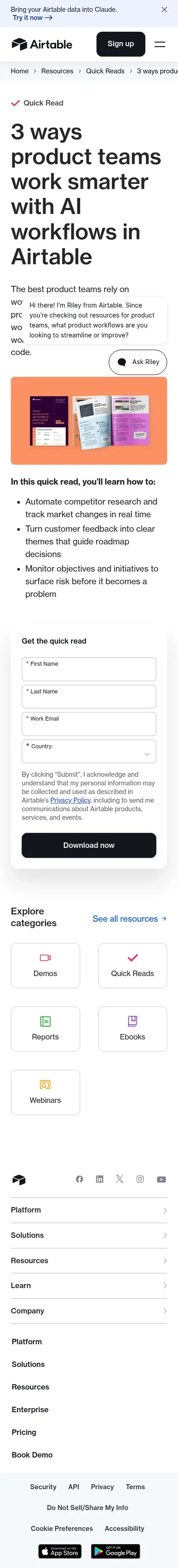 airtable.com/lp/resources/quick-reads/airtable-for-product-teams on mobile, full screenshot