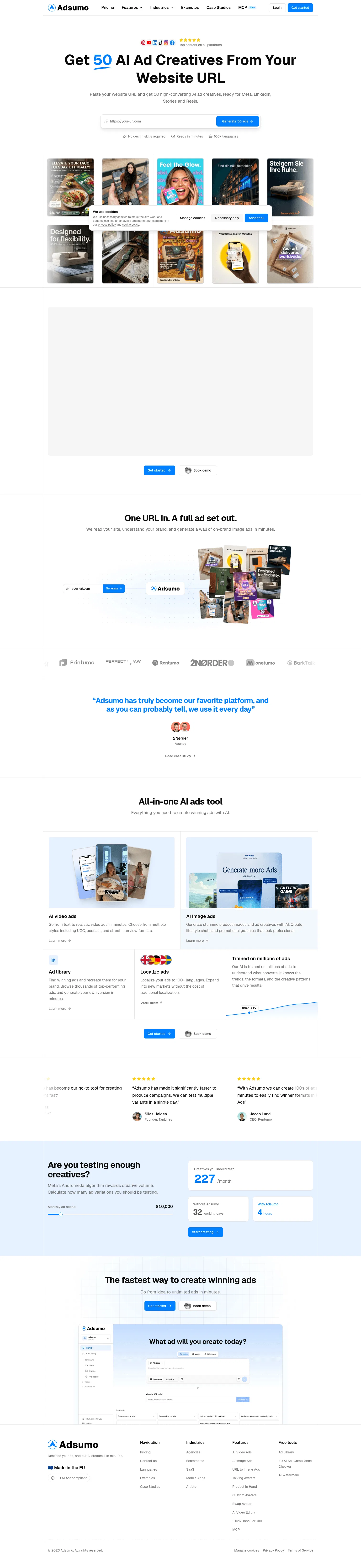 adsumo.ai/features/url-to-image-ads on desktop, full screenshot