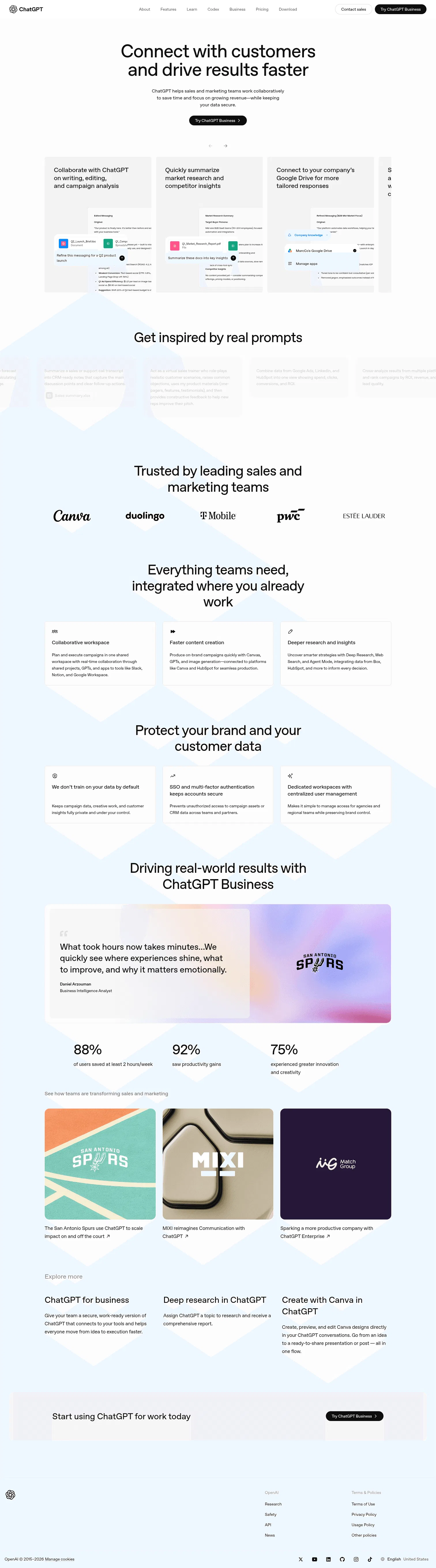 chatgpt.com/business/ai-for-sales-marketing on desktop, full screenshot