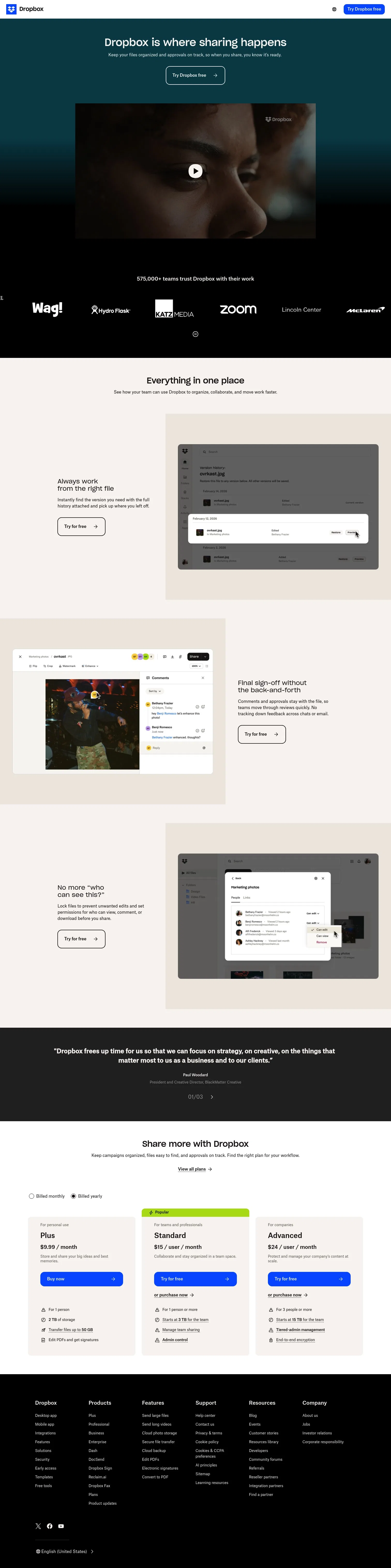 dropbox.com/campaigns/share-more/teams on desktop, full screenshot